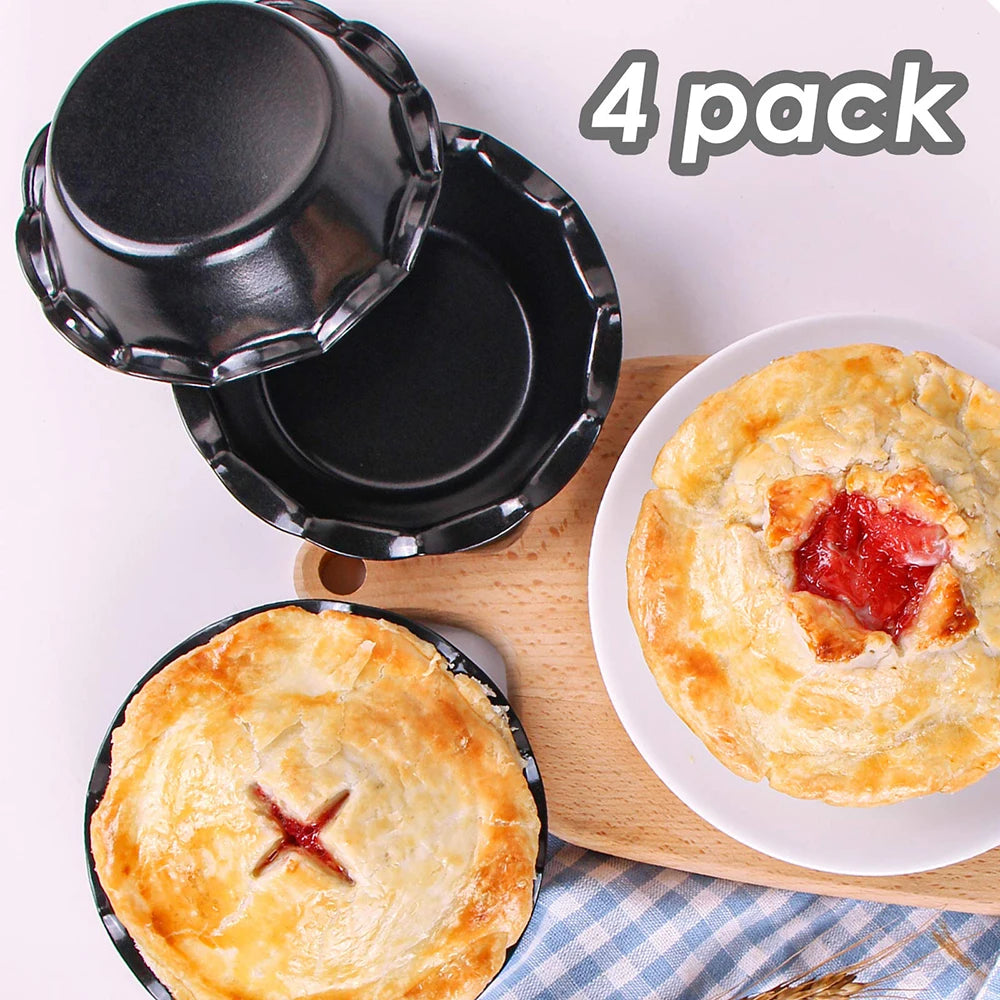 5 Inch Mini Pie Pans 4 Packs Carbon Steel Reusable Nonstick Small Pie Plate Baking 8oz Ruffled Edge Individual Round Bakeware