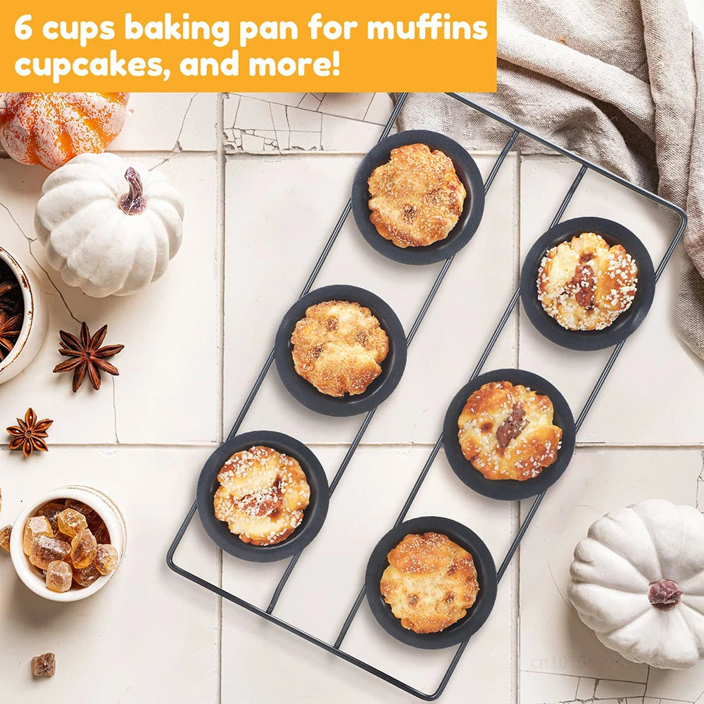 6 Cup Nonstick Cupcake Pudding Pan Oven Muffin Cake Mold Heavy Duty Carbon Steel Baking Pan Biscuit Tray Kitchen Baking Supplies