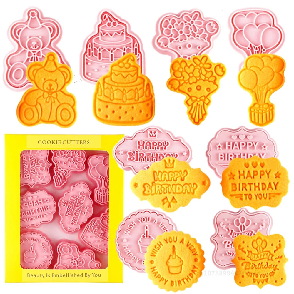 8pcs Happy Birthday Cookie Cutter Cartoon Fun Cookie Mold with Happy Birthday Wishes 3D Cookie Cutter Set Baking Tools