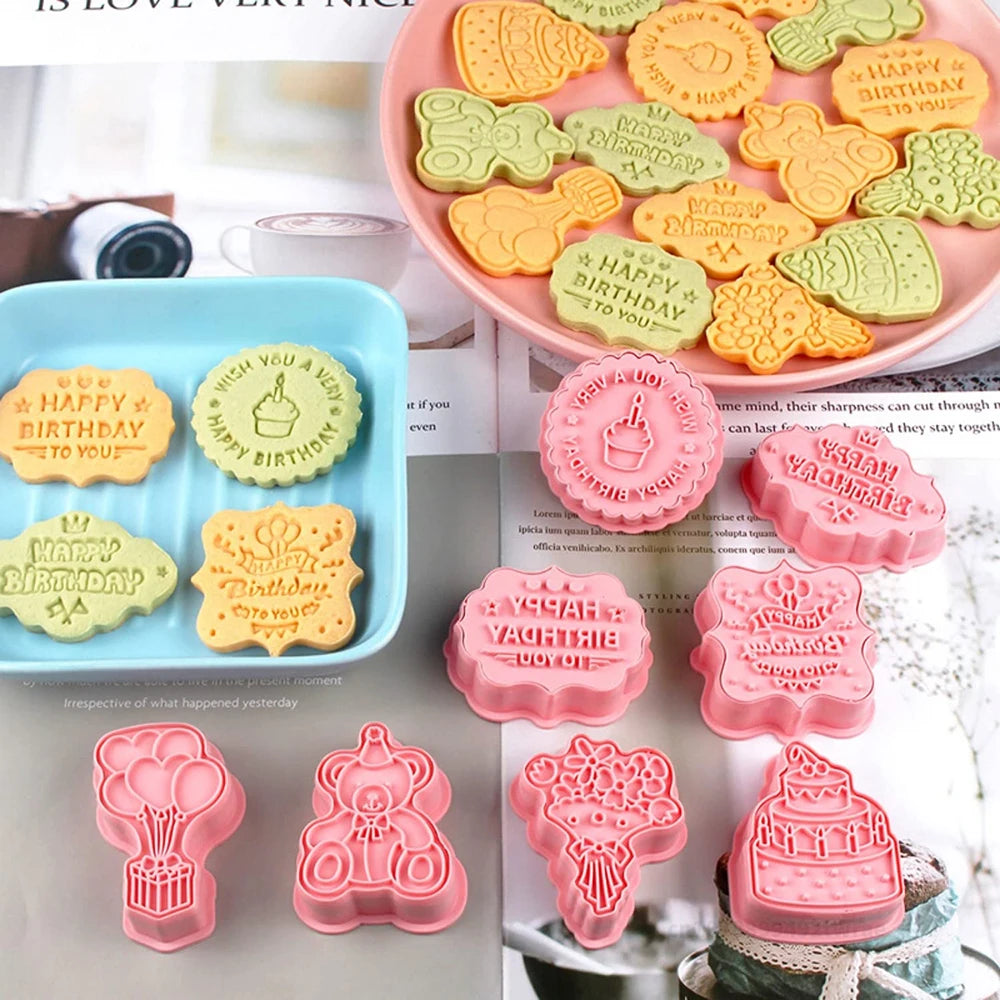 8pcs Happy Birthday Cookie Cutter Cartoon Fun Cookie Mold with Happy Birthday Wishes 3D Cookie Cutter Set Baking Tools