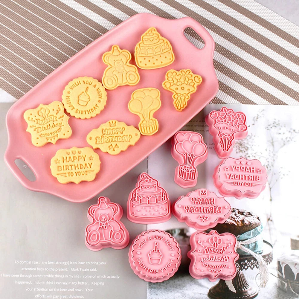 8pcs Happy Birthday Cookie Cutter Cartoon Fun Cookie Mold with Happy Birthday Wishes 3D Cookie Cutter Set Baking Tools